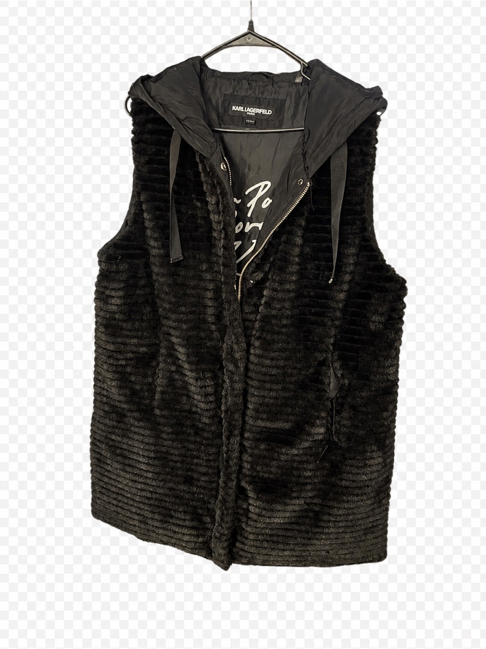 Karl Lagerfeld Black Ribbed Faux-Fur Hooded Vest with Zip